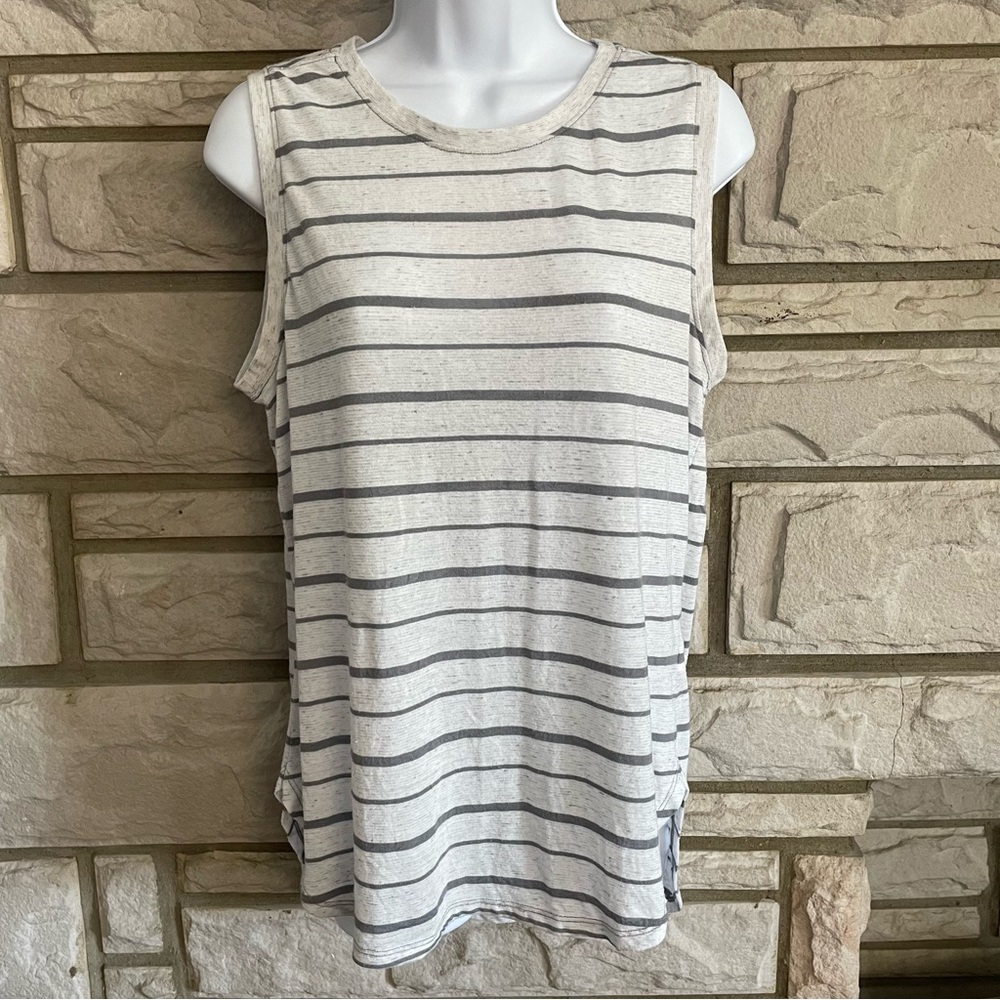 Athleta White & Gray Stripe Slub High-Low Hem Sleeveless Tunic Tank Top Size L